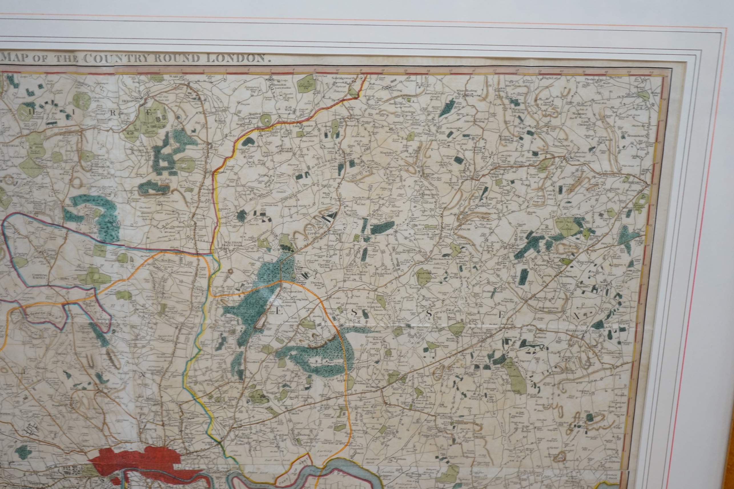 A hand coloured engraved map, New Map of the Country Round London, engraved by S J Neele, 80 x 94cm. Condition - fair